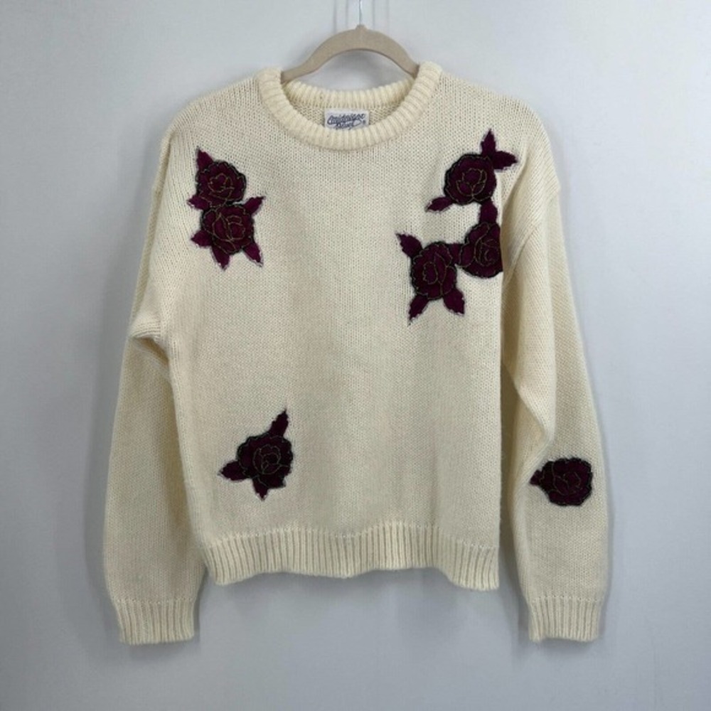 Vintage Midnight Blues Sweater Women Large Cream Rose Applique Crewneck Pullover